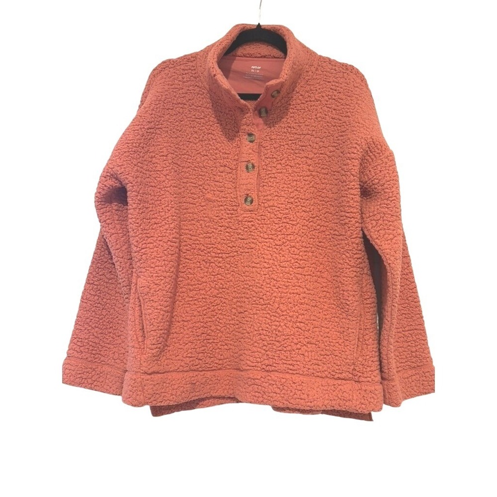 Aerie oversized XS peach 1/4 button high neck fuzzy cozy sweatshirt pockets OO